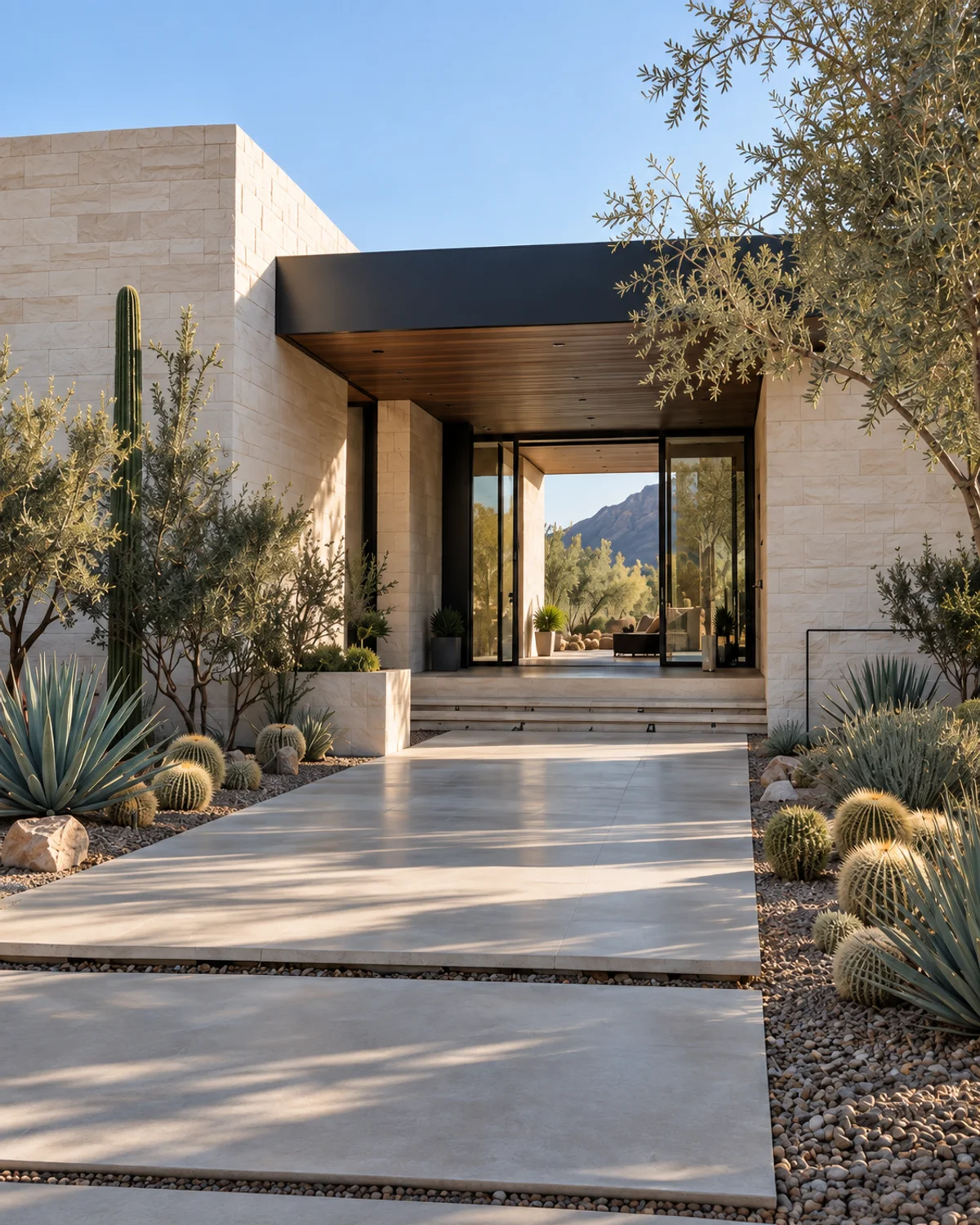 Illustrative contemporary desert residence with pale stone and native landscaping