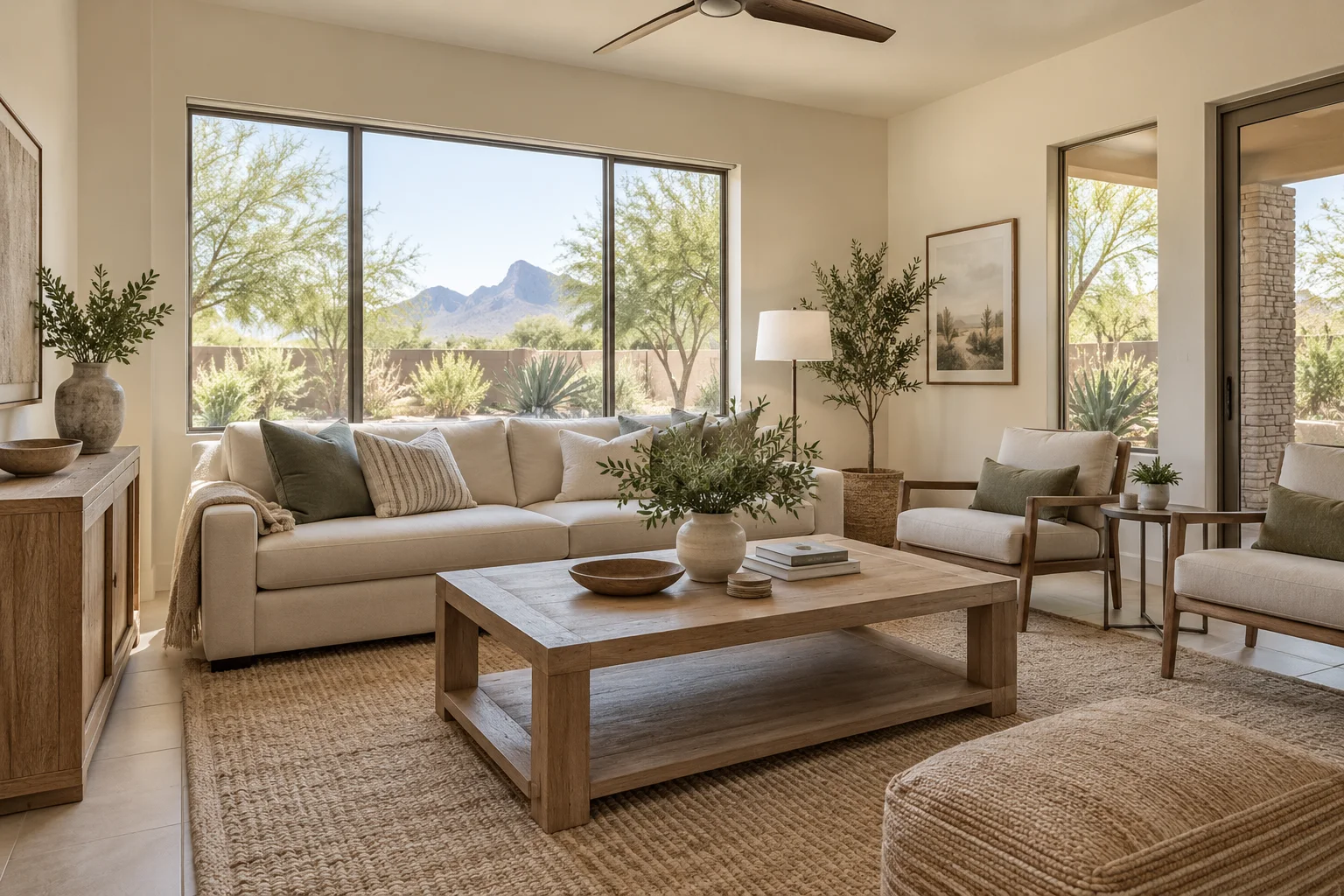 Illustrative living room with neutral furnishings, warm wood, and desert light